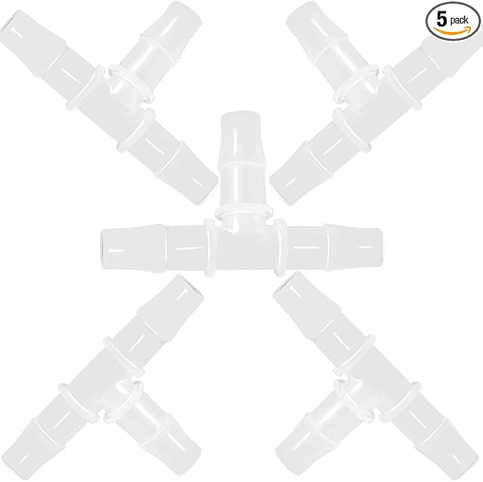 3/8" Tee Fitting Equal Barb 3 Way Hose Barb Fitting,Splicer Joint Mender Adapter Union Fitting for Fuel Gas Liquid Air (Pack of 5)