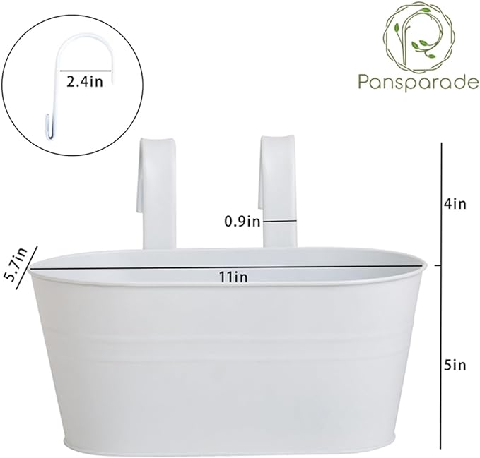 3 Pack Metal Hanging Flower Pots for Railing Fence,Outdoor Balcony Rail Planter with Detachable Hooks Drainage Holes for Deck Garden Home Decor White