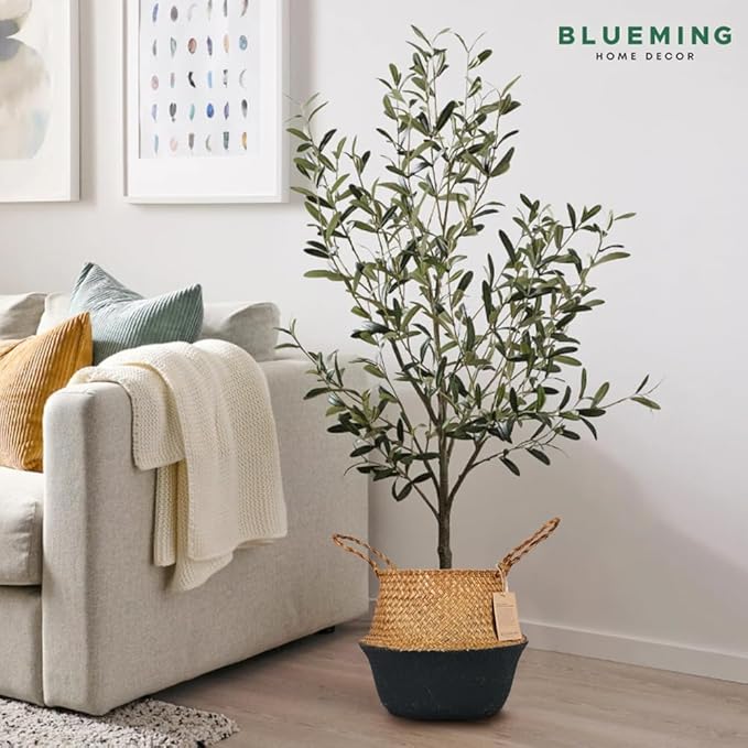 Plant Basket β Small Seagrass Planter Pot for Olive Trees, Woven Wicker Planter 8-9 Inches for Indoor Tall Artificial Plants (Black Bottom, Medium)
