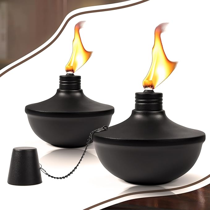 2-Pack Upgraded Tabletop Torches, 24 oz Citronella Torch Lights, Refillable Torch with Wicks, Covers, and Funnel Included - Ideal for Garden, Patio, Deck, Yard, Party, Landscape