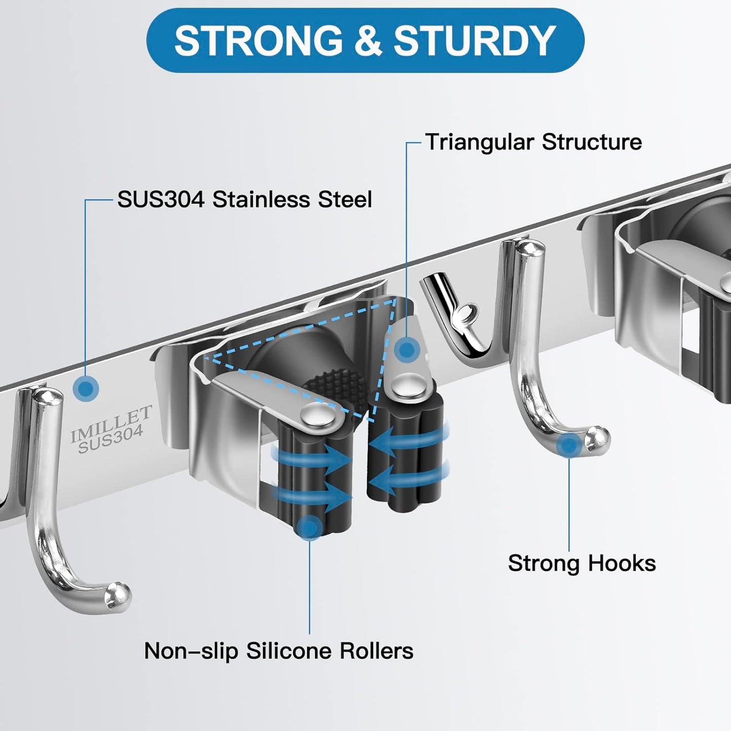 IMILLET Broom Holder Wall Mounted, Stainless Steel Broom Mop Holder Self Adhesive Heavy Duty Hooks Storage Organizer for Home Laundry Room Garden Garage Closet Kitchen 1 Pack(5 Racks with 4 Hooks)