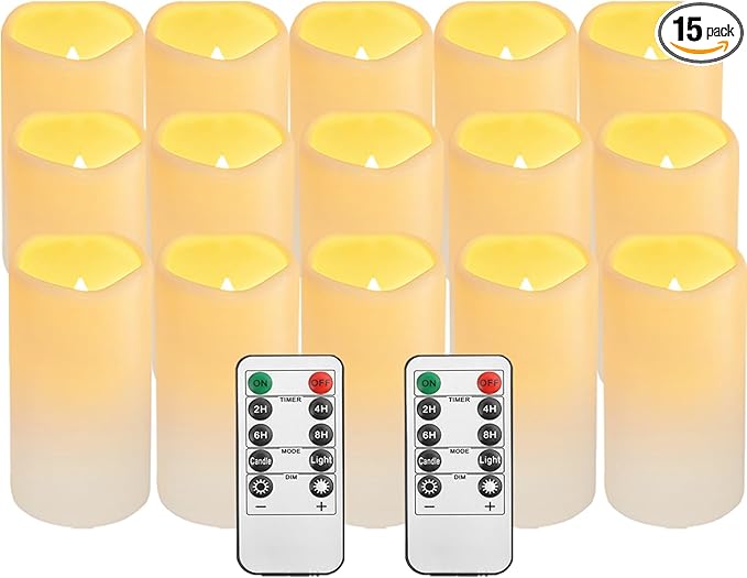 15Pack Waterproof Flameless Remote Control Candles (D3''*H5.5'') Battery Operated Flickering LED Pillar Candle,plastic with 10-Key 24Hours Timer for Outdoor/Indoor Party Garden Lanterns Porch Ivory