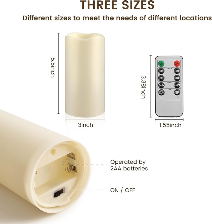 15Pack Waterproof Flameless Remote Control Candles (D3''*H5.5'') Battery Operated Flickering LED Pillar Candle,plastic with 10-Key 24Hours Timer for Outdoor/Indoor Party Garden Lanterns Porch Ivory