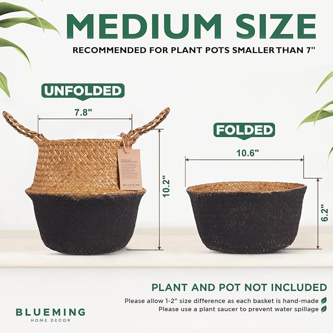 Plant Basket β Small Seagrass Planter Pot for Olive Trees, Woven Wicker Planter 8-9 Inches for Indoor Tall Artificial Plants (Black Bottom, Medium)