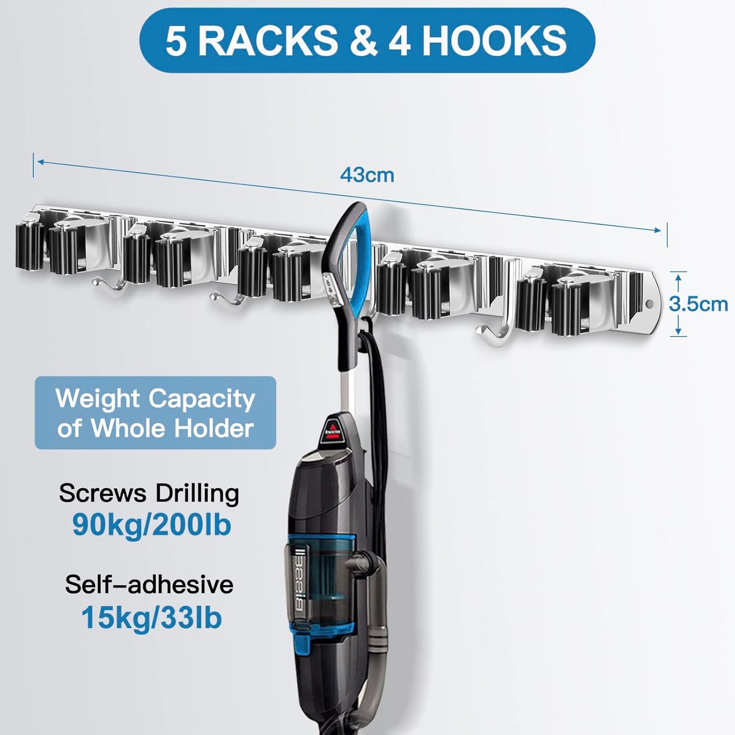 IMILLET Broom Holder Wall Mounted, Stainless Steel Broom Mop Holder Self Adhesive Heavy Duty Hooks Storage Organizer for Home Laundry Room Garden Garage Closet Kitchen 1 Pack(5 Racks with 4 Hooks)