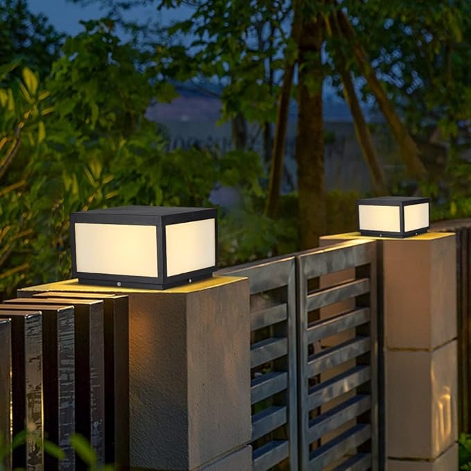 Pillar Lamp Post Light, Tempered Glass Shade,Fence Deck Cap Light Lantern Column Lamp for Flat Surface Patio Garden Decoration with IP55 Waterproof E26 LED Bulb (Electric Powered)