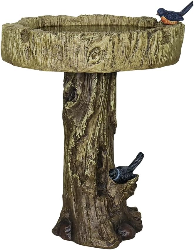 SKYFIRE 24.4” H Fibre Reinforced Concrete Outdoor Garden Bird Bath with Birds, Woodland Tree Trunk Decoration Yard Statue,Pedestal Birdbaths for Outdoors, Garden, Patio, Lawn, Backyard