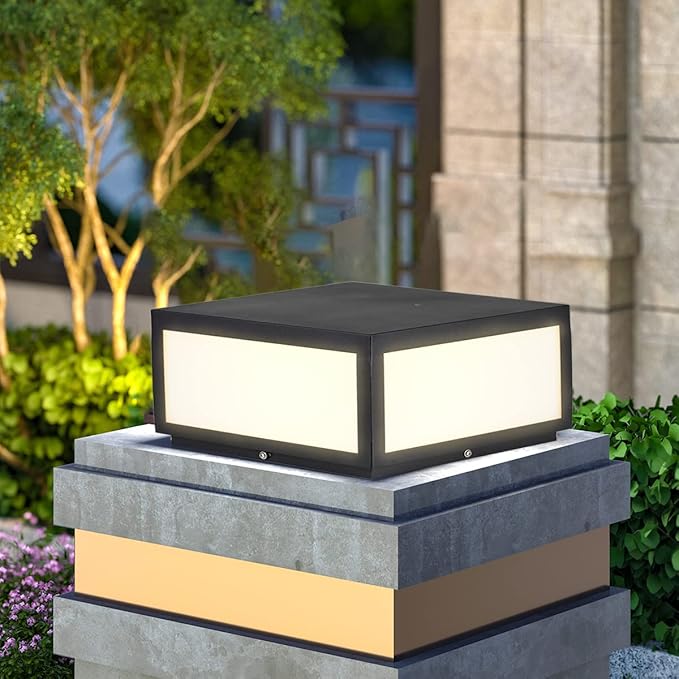 Pillar Lamp Post Light, Tempered Glass Shade,Fence Deck Cap Light Lantern Column Lamp for Flat Surface Patio Garden Decoration with IP55 Waterproof E26 LED Bulb (Electric Powered)
