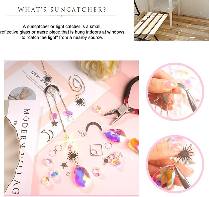 ilclviz DIY Suncatcher Making Kits Colorful Suncatcher Crystals Kit Supplies for Adults 200pcs DIY Suncatcher Prism Kit for Indoor Outdoor Window Hanging Garden Decor (Silver)