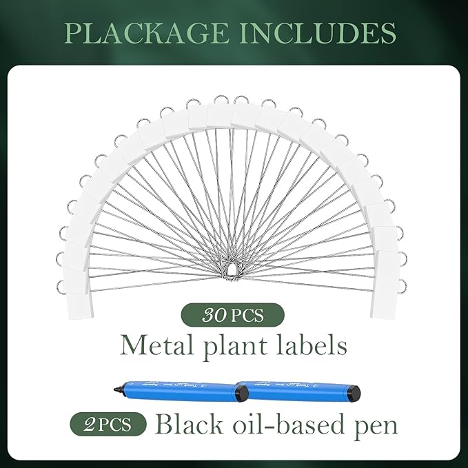 30 Pack Metal Plant Labels for Outdoor Garden Waterproof Plant Markers, Labels Garden Markers for Seedlings Herbs Vegetable Greenhouse Gifts with Pen - White
