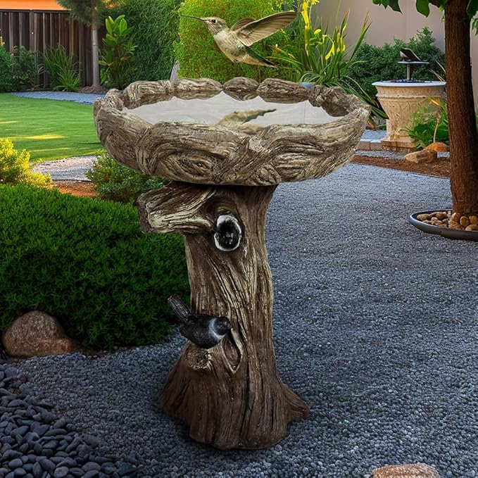 SKYFIRE 23” Tall Fibre Reinforced Concrete Birdbaths with Birds for Patio, Woodland Tree Trunk Decorative Outdoor Bird Bath for Garden,Pedestal Birdbaths for Outdoors, Garden, Patio, Lawn, Backyard