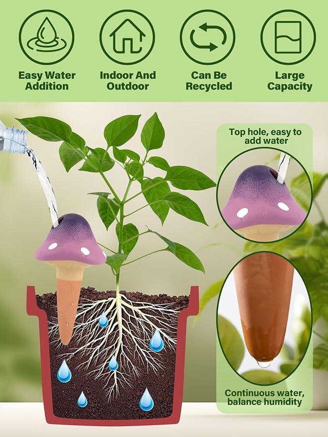 Kalolary 4Pcs Plant Watering Globes, Self Watering Spikes Terracotta Drip Water Stakes Irrigation Watering Bulbs for Pot, Indoor, Outdoor, Vacation (Gradient Mushroom)