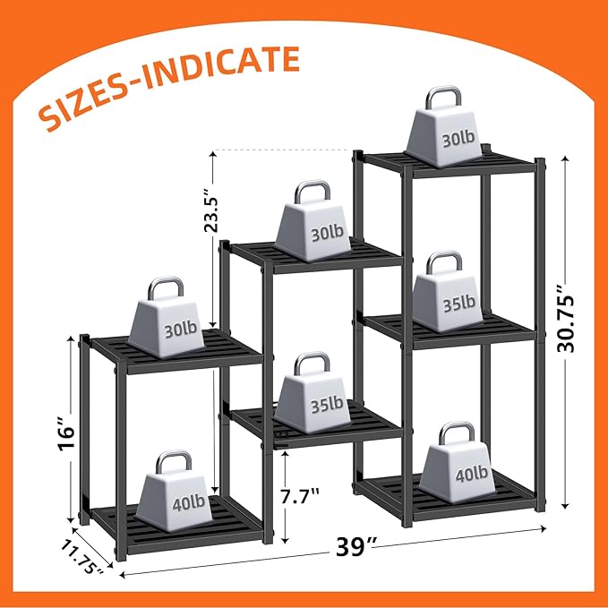 Simple Trending Plant Stand Indoor Outdoor, Heavy Duty Metal Waterproof 7 Tiered Plant Shelf for Multiple Flower Planter Holder Tall Large Rack, Black