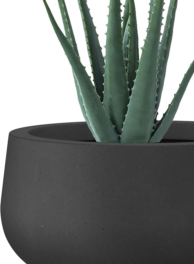 Kante 15.7" Dia Round Concrete Planter, Outdoor Indoor Garden Plant Pots with Drainage Hole and Rubber Plug, Modern Curvaceous Design, Black