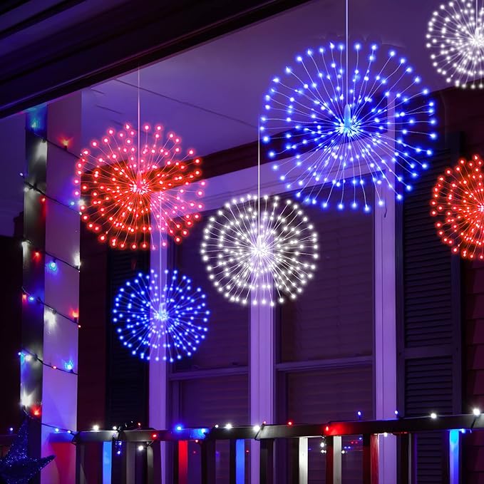 3 Pack 4th of July Lights Decorations 480 LED Remote&Time 8 Light Mode Red White and Blue Firework Lights Battery Operated, American Flag Patriotic Memorial Day Independence Day Outdoor Decor