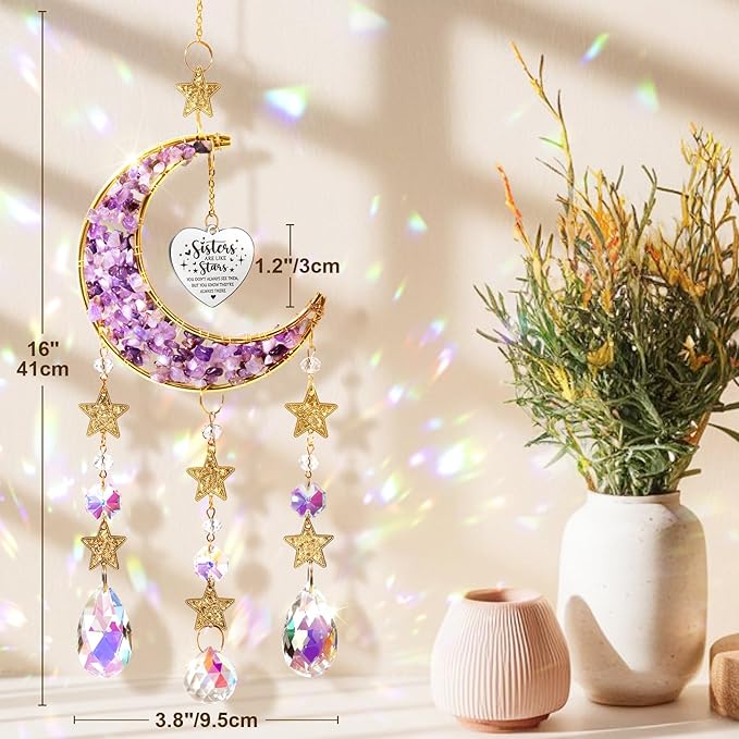 Sisters Gifts from Sister for Sister from Brother, Best Sister Gifts Unique Sister Birthday Gifts for Sister in Law Soul Sister, Moon Crystal Suncatcher for Window Hanging Decor