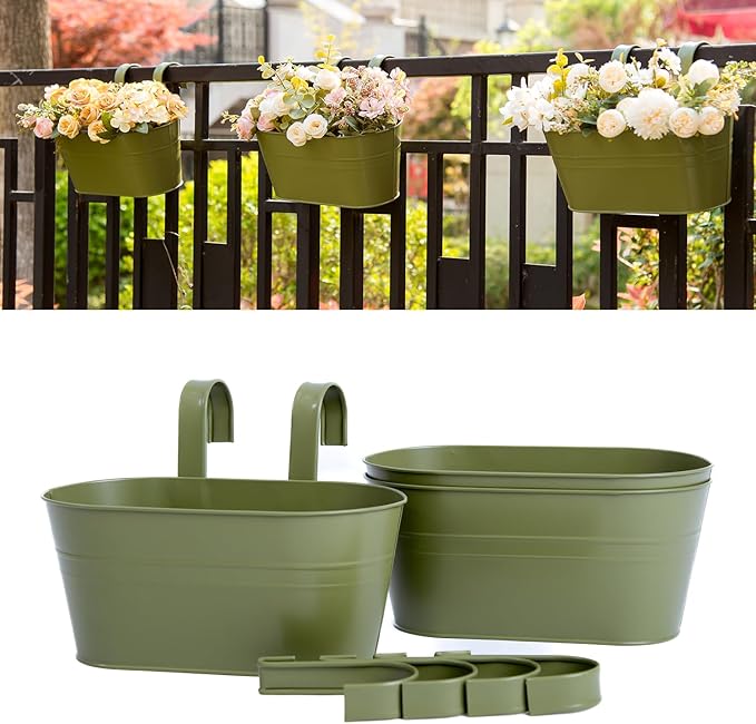 3 Pack Metal Hanging Flower Pots for Railing Fence,Outdoor Balcony Rail Planter with Detachable Hooks Drainage Holes for Deck Garden Home Decor Green