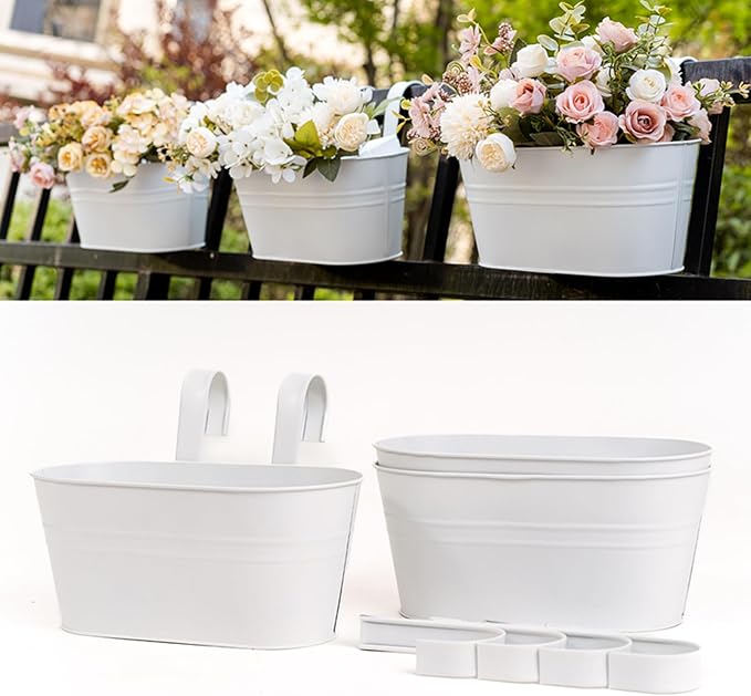 3 Pack Metal Hanging Flower Pots for Railing Fence,Outdoor Balcony Rail Planter with Detachable Hooks Drainage Holes for Deck Garden Home Decor White