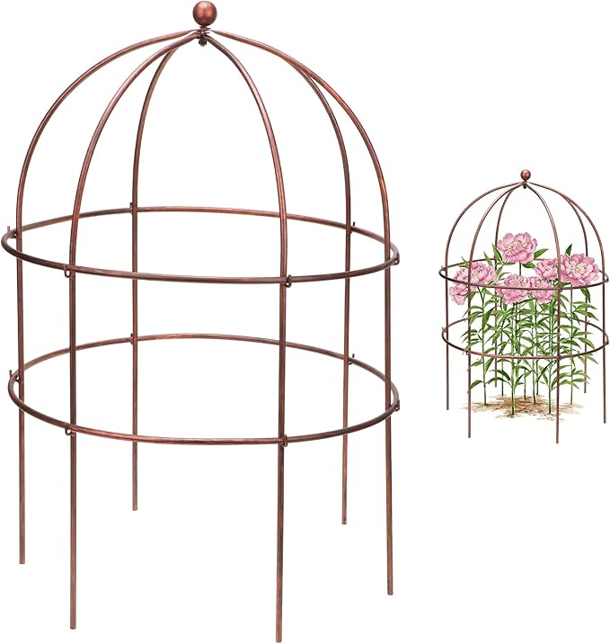1 Pcs Jardin Bird Cage Plant Support 24" H Large Sturdy Grow-Through Flower Support Peony Cage Climbing Plant Support Trellis Sculptural Garden Decor for Perennial Flowers Vintage Gold
