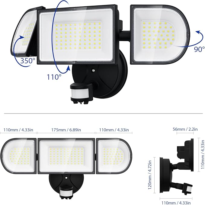 iMaihom 100W Motion Sensor Light Outdoor, 9000LM 6500K LED Security Floodlights, 3 Adjustable Head Motion Detection Light IP65 Waterproof for Yard Garage (Black)