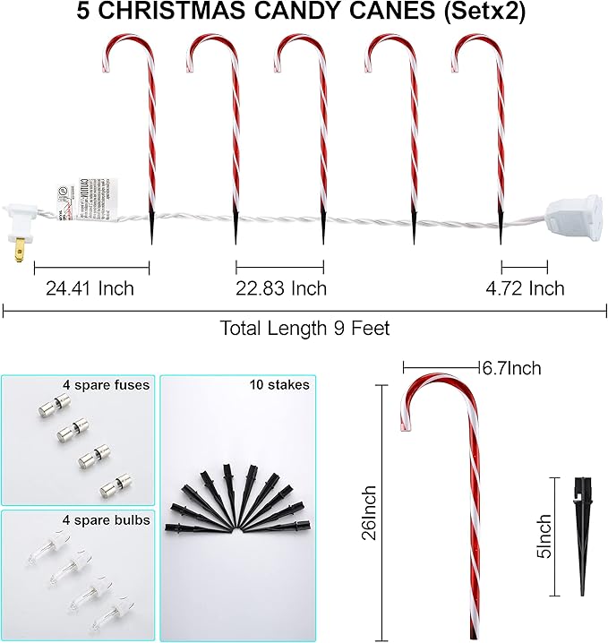 26" Candy Cane Lights Christmas Decorations - 10 Pack Pathway Markers Outdoor Yard Decorations, Red Christmas Candy Cane Lights for Walkway, Xmas Outside/Indoor Ornaments, 100 Lights Bulbs