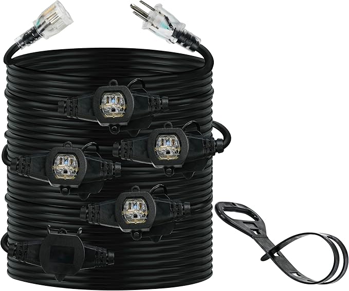 30FT 14 Gauge Multi Outlet Extension Cord, 5 Evenly Spaced Weatherproof Outlets, Great for Stage Backdrops, Landscape Garden Lighting,Christmas Decorations ETL