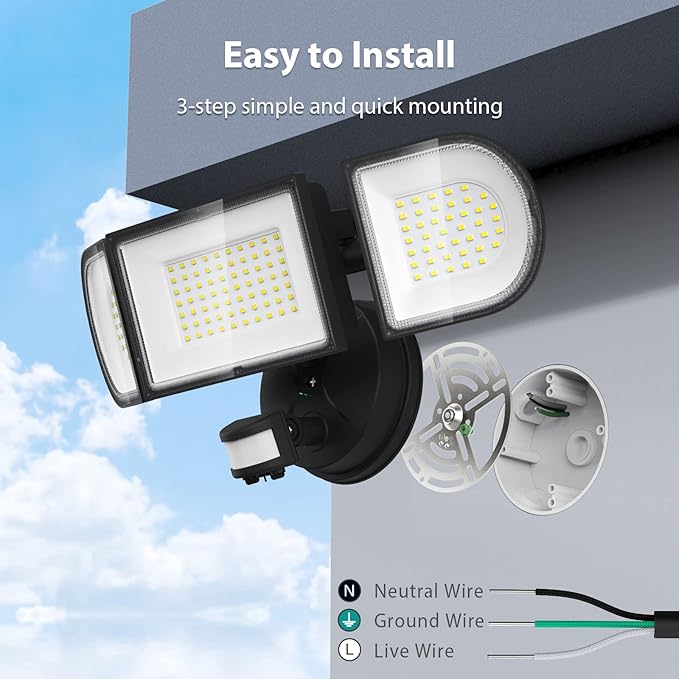 iMaihom 100W Motion Sensor Light Outdoor, 9000LM 6500K LED Security Floodlights, 3 Adjustable Head Motion Detection Light IP65 Waterproof for Yard Garage (Black)
