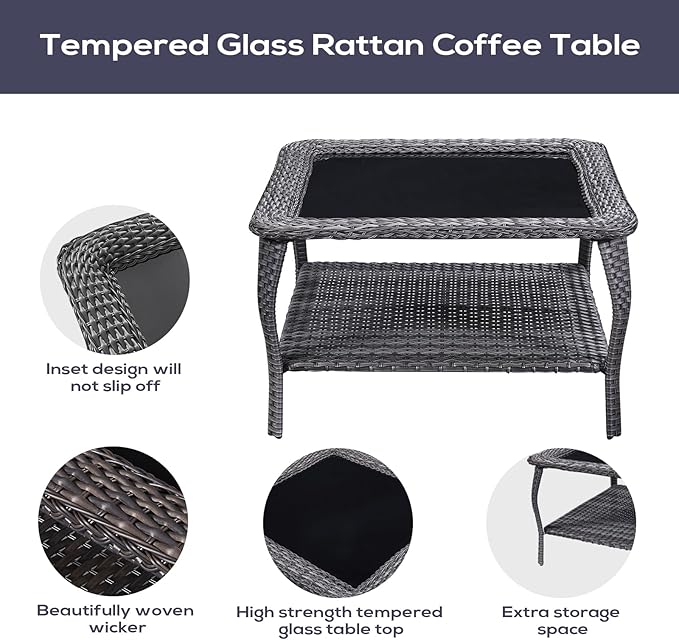 Outdoor Furniture Sectional Sofa L Shaped Couch - Patio Wicker Set with 2 Swivel Glider Chairs, 5 Piece Rattan Patio Conversation Sets with Blue Cushion for Deck Backyard Sunroom