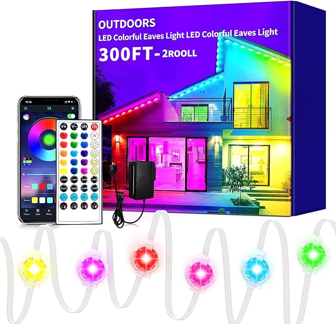300ft Permanent Outdoor Lights,RGB Eave Lights,Music Sync IP67 Waterproof Outdoor Eave Light Lighting, can be Used for Garden,House,Party,Holiday Decoration(2 Rolls of 150ft)