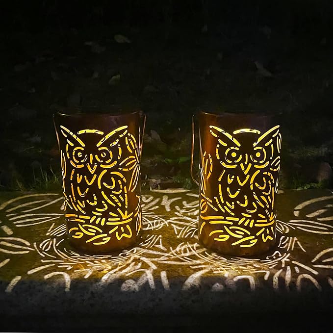 Outdoor Solar Lanterns ,Owls Projection Patterned Outdoor Lanterns with Handles LED Solar Light Outdoor Waterproof Garden Lights for Garden,Yard, Table, Pathway(2 /Bronze)