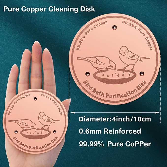 1-Pack 99.99% Pure Copper Bird Bath Purification Disk,Copper Disc with Stable Triple-Point Support,Fits All Outdoor Bird Baths(Round)