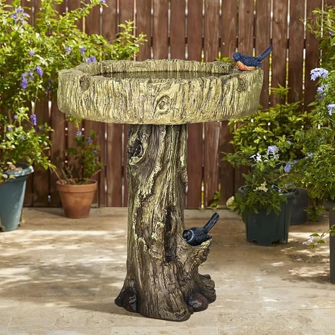 SKYFIRE 24.4” H Fibre Reinforced Concrete Outdoor Garden Bird Bath with Birds, Woodland Tree Trunk Decoration Yard Statue,Pedestal Birdbaths for Outdoors, Garden, Patio, Lawn, Backyard