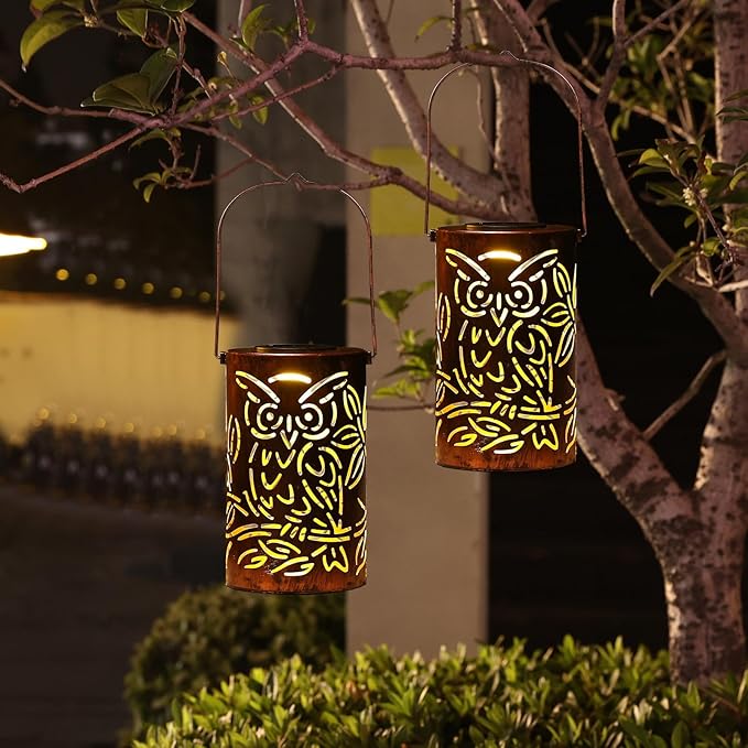 Outdoor Solar Lanterns ,Owls Projection Patterned Outdoor Lanterns with Handles LED Solar Light Outdoor Waterproof Garden Lights for Garden,Yard, Table, Pathway(2 /Bronze)