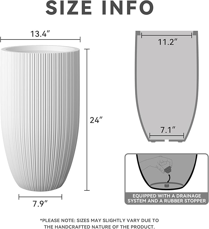 Kante 24 Inch Tall Round Concrete Planter, Large Indoor Outdoor Plant Pots with Drainage Hole and Rubber Plug, Modern Decorative Garden Pots for Home Patio Porch, Textured White