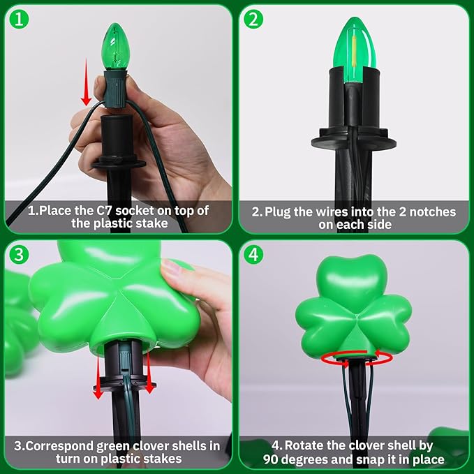 2 Sets 4 Pack St. Patricks Green Shamrock Pathway Lights Outdoor for St. Patricks Day Decorations, C7 LED Green Lucky Clover Garden Lights Waterproof, UL Certified for Lawn Yard Walkway Decor, Plug In