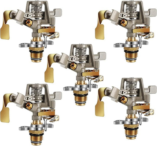 Impact Sprinkler Head Brass Pulsating Sprinkler Lawns Garden Adjustable 360 Degrees Watering Heavy Duty Sprinkler Head with Nozzles for Yard and Grass Irrigation (5 Pieces)