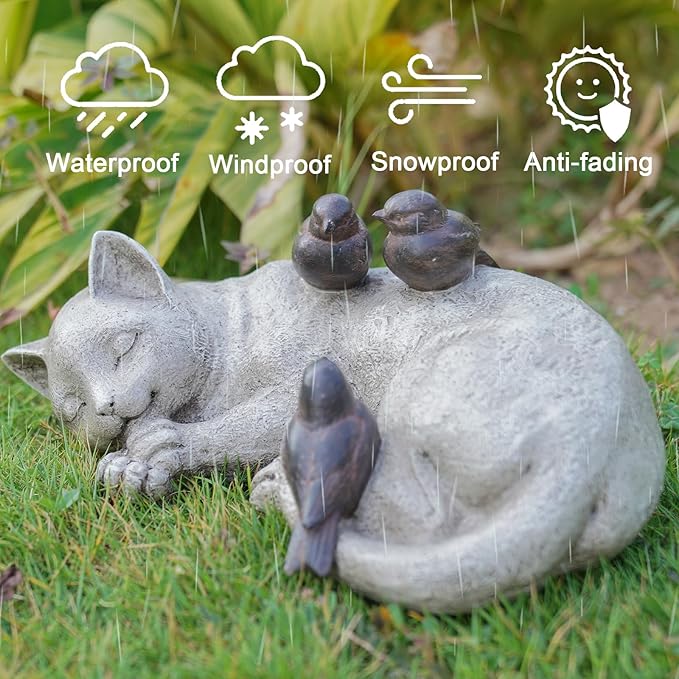 Sleeping Cat Garden Statues Outdoor - 12"Sparrows On Cat Figurine Memorial Statue Grave Markers Garden Resin Sleeping Cat Statues for Garden Decor Outdoor Cat Statue Resin 12" x 8" x 4.5"LC LCdecohome