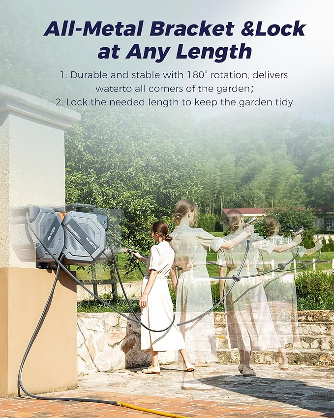 Retractable Garden Hose Reel 1/2 in x 100 ft Professional Metal Bracket & 9-Pattern Metal Nozzle UV Resistant Brass Fitting Heavy Duty Wall Mount Any Length Lock Slow Retraction 180° Swivel
