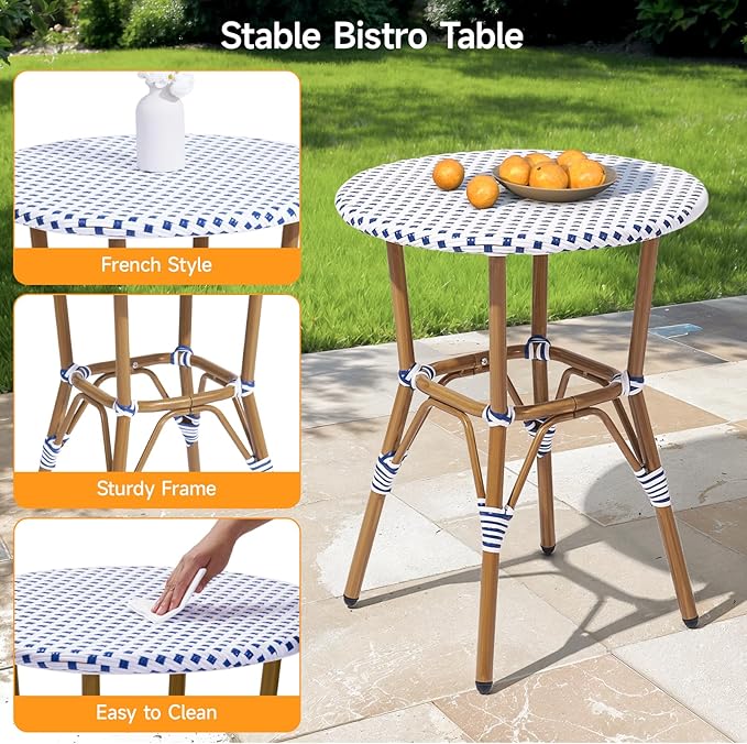 3 Piece French Wicker Bistro Set, Patio Bistro Set with Table and 2 Dining Chairs, All Weather Outdoor Bistro Set with Aluminum Frame, Outdoor Patio Set for Patio Porch Cafes Yard, Navy and White