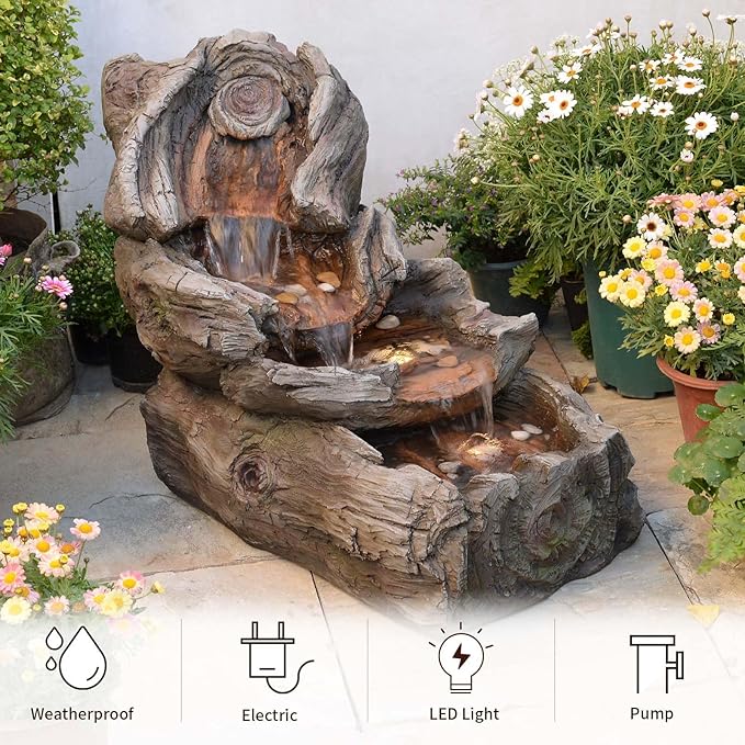31.5" L Garden Water Fountain Outdoor, Artifical Imitation Wood Outdoor Water Fountain Natural Waterfall with LED Lights for Patio,Porch,Backyard,Home Art Decor(Resin)
