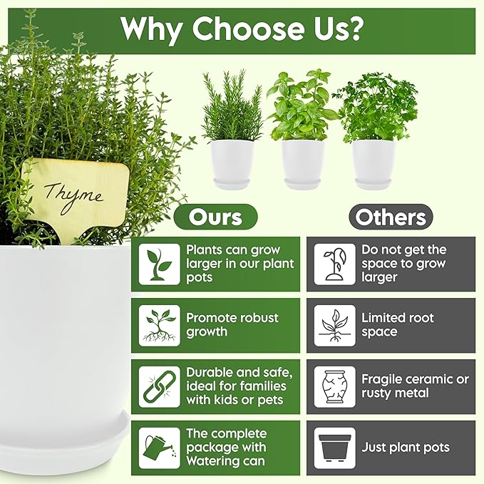 Indoor Garden Kit - Plant Pots with Drainage, Watering Can & Tools - Ideal Windowsill Planter Set - Modern Home & Kitchen Decor Gift - White