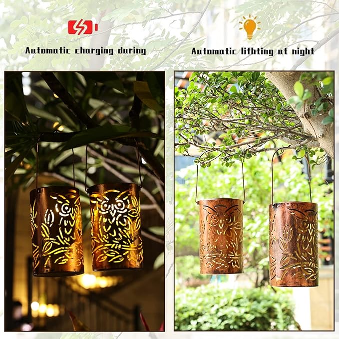 Outdoor Solar Lanterns ,Owls Projection Patterned Outdoor Lanterns with Handles LED Solar Light Outdoor Waterproof Garden Lights for Garden,Yard, Table, Pathway(2 /Bronze)