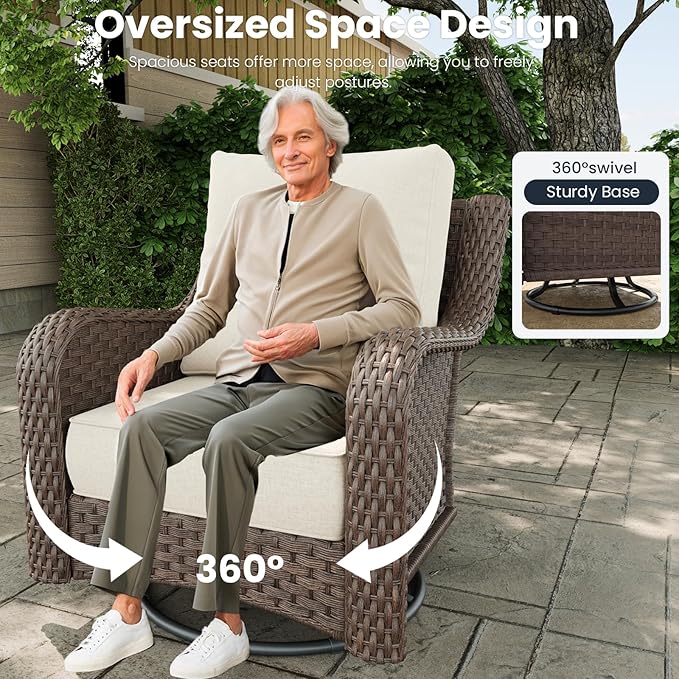 3 Pieces Outdoor Patio Furniture Sets with Rocking Swivel Chairs with 6-inch Thick Cushion and Side Table for Deck Lawn