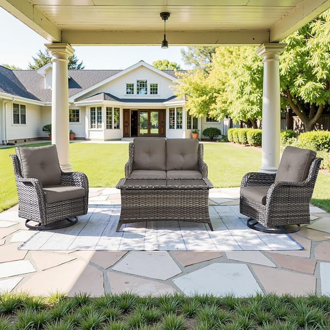 Outdoor Patio Furniture Set - 7 Piece Gray Wicker Conversation Patio Furniture Set All Weather Swivel Chairs with Ottoman and Loveseat Glider Chair for Deck Balcony Backyard