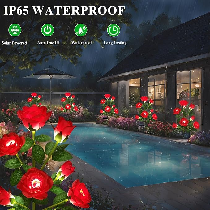 2 Pack Solar Garden Lights Outdoor, 7-Flower Rose LED Stake Light for Yard Patio Pathway Lawn Fence Cemetery, Red