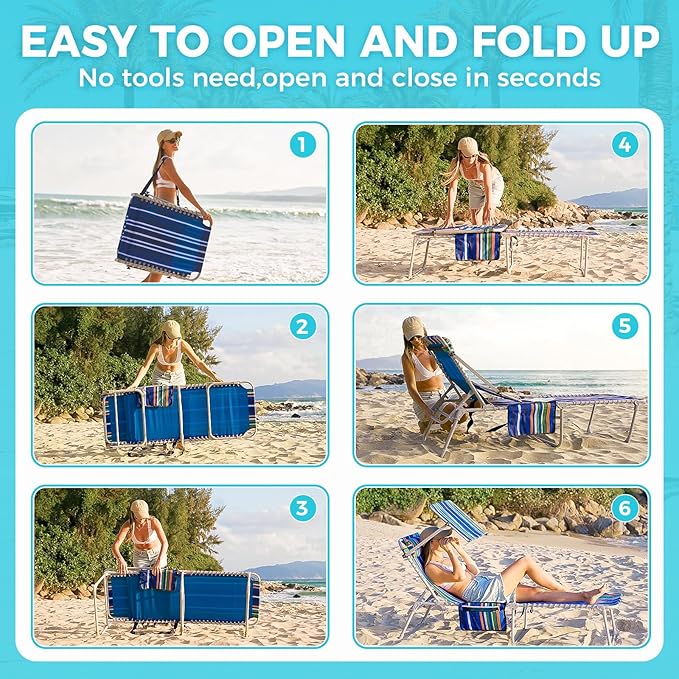 #WEJOY Folding Tanning Chair with Canopy Shade, Portable Adjustable 5-Position Patio Chaise Lounge with Pillow & Storage Pocket for Lay Flat Outdoor Lawn Backyard Beach Camping Pool (Cyan)