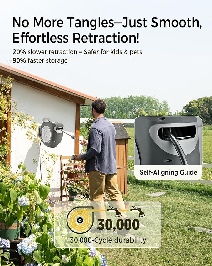 Retractable Garden Hose Reel 5/8 in x 100 ft Upgraded UV Resistant Heavy Duty Automatic Hose Reel Wall Mount 3/4 in Brass Fitting 9 Pattern Nozzle Any Length Lock Slow Retraction