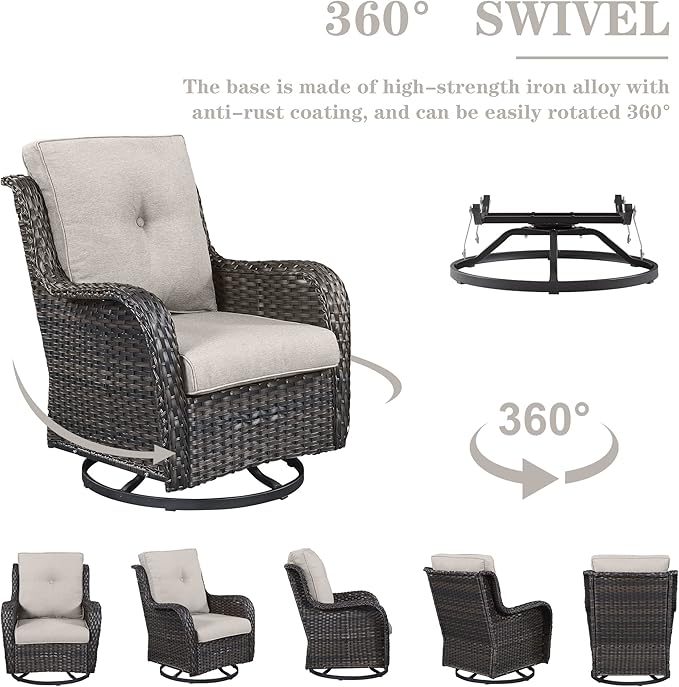 Outdoor Sectional Sofa Furniture Set with Propane Fire Pit Table, Wicker Patio Conversation Set with 2 Swivel Glider Rocker Chairs Beige Cushion Perfect for Backyard Casual Gathering