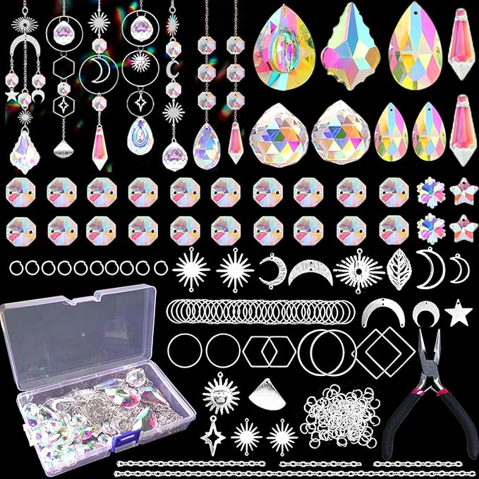 ilclviz DIY Suncatcher Making Kits Colorful Suncatcher Crystals Kit Supplies for Adults 200pcs DIY Suncatcher Prism Kit for Indoor Outdoor Window Hanging Garden Decor (Silver)
