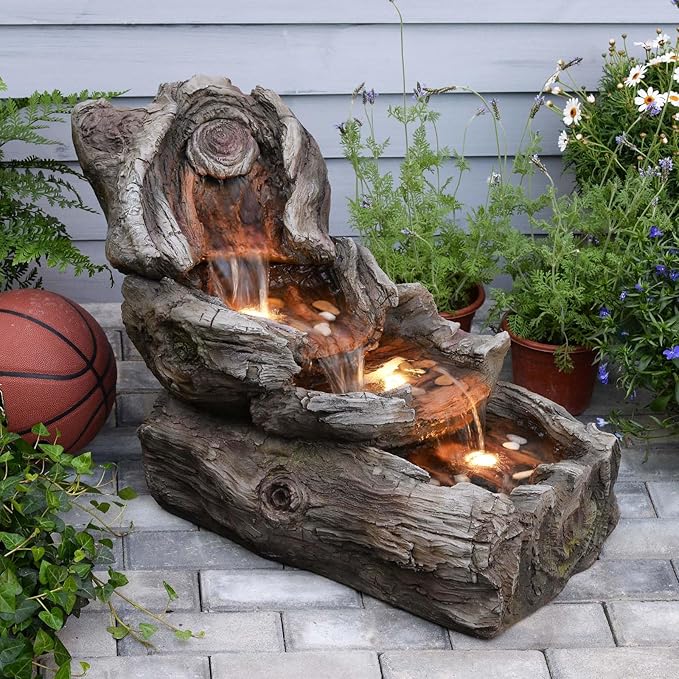 31.5" L Garden Water Fountain Outdoor, Artifical Imitation Wood Outdoor Water Fountain Natural Waterfall with LED Lights for Patio,Porch,Backyard,Home Art Decor(Resin)